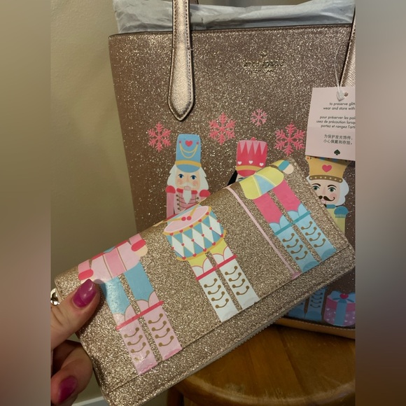 Kate Spade Nutcracker Glitter Tinsel Tote in Rose Gold +Matching Wallet Bundle! - Picture 3 of 10